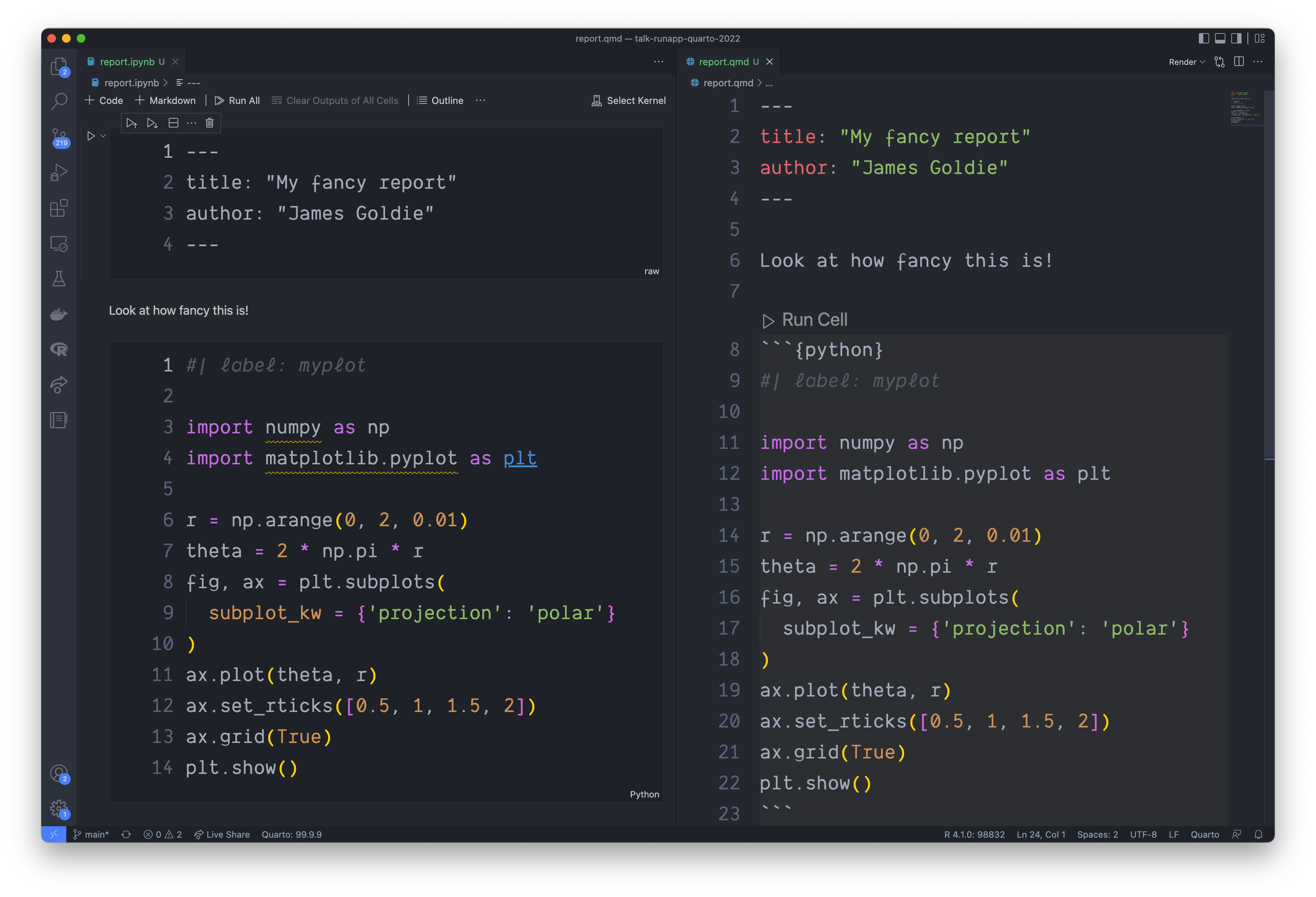 A picture of the same Quarto document side-by-side, written in notebook form on the left and document form on the right.