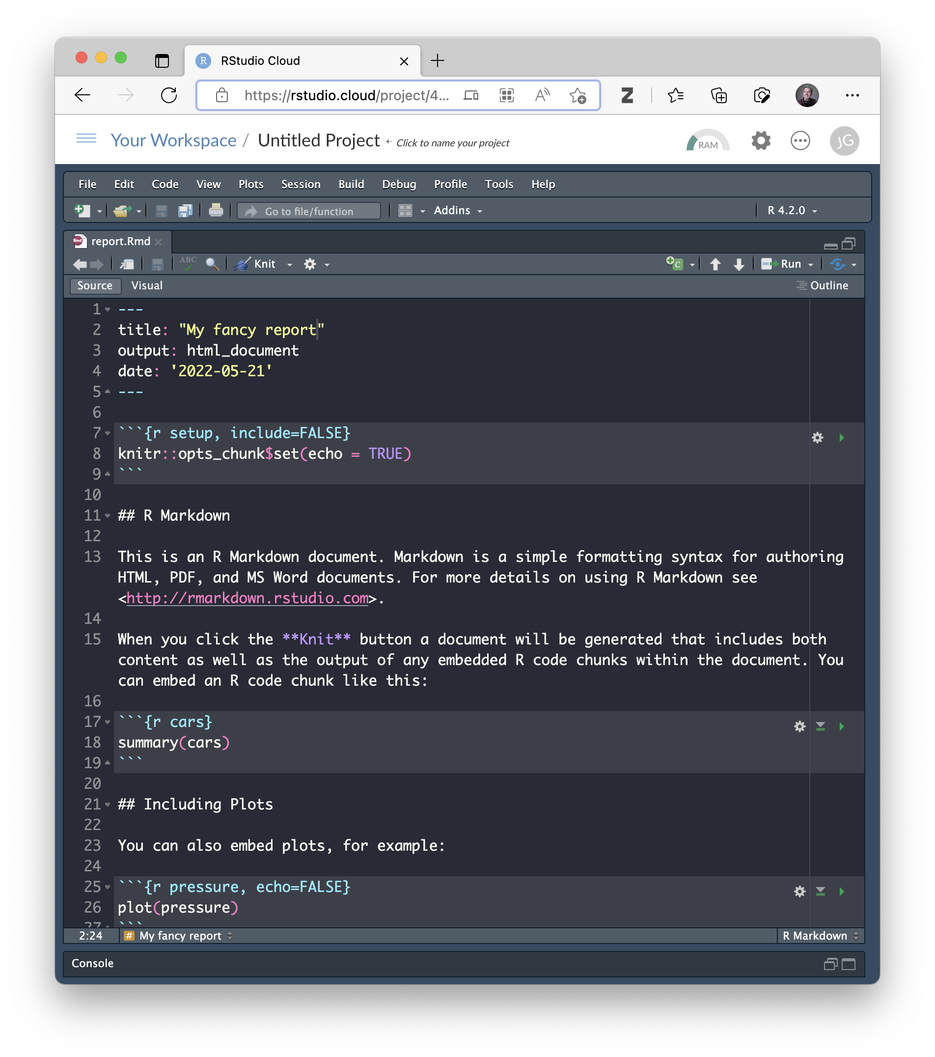 An R Markdown source document in a plain text code editor