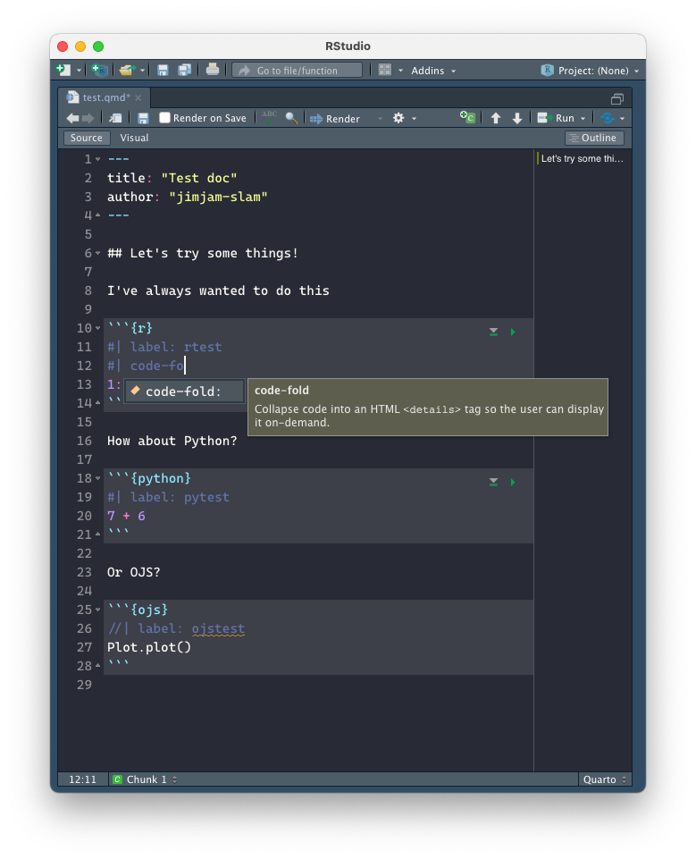 Editing a Quarto document in RStudio in the plain text view.