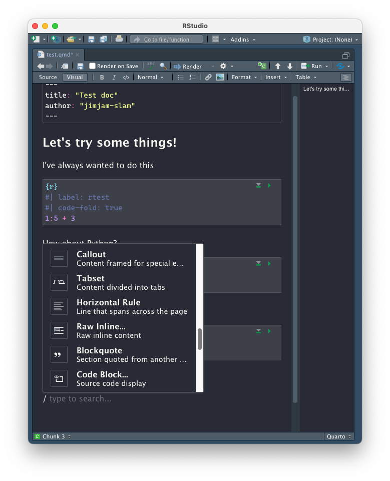 Editing a Quarto document in RStudio in the visual editor